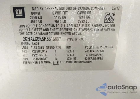 2017 Chevrolet Equinox Lt z USA, uszkodzony, nr VIN 2GNALCEK5H6313837